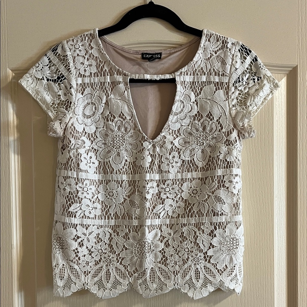 Express White Floral Lace Keyhole Blouse